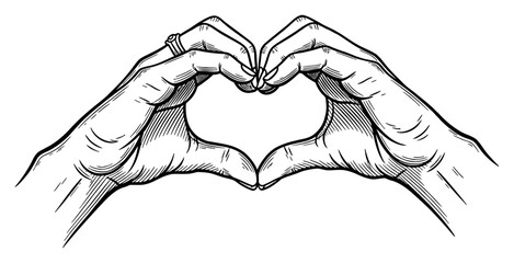 Obraz premium Hands Forming Heart Love Shape Gesture Black and White Outline Line Art Drawing Engraving Style