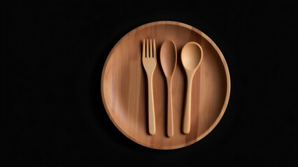 Wooden utensils on a wooden plate against a black background, top view