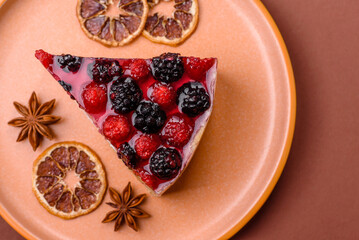 Pie, cheesecake with raspberries and blackberries, mascarpone cheese. Piece of cheesecake