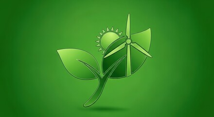 Obraz premium Green energy concept with wind turbine leaf and sun against green background.