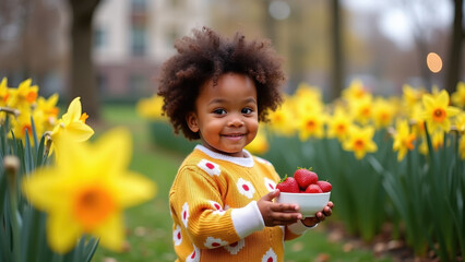 Biracial child smiling joyfully while holding a bowl of fresh strawberries near blooming daffodils in an urban park, celebrating the Spring Equinox.