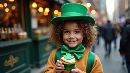 Biracial Irish American child smiling joyfully while holding a shamrock cupcake in front of a bustling pub during St. Patrick's Day celebrations, festive spirit.