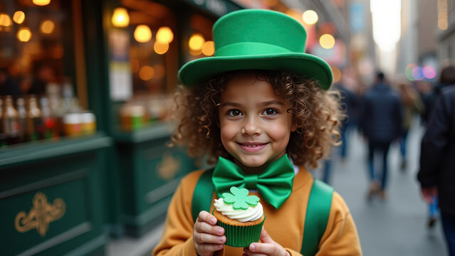 Biracial Irish American child smiling joyfully while holding a shamrock cupcake in front of a bustling  pub during St. Patrick's Day celebrations, festive spirit. - Powered by Adobe
