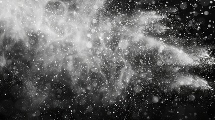 Texture of rain and fog on a black background overlay effect, Abstract splashes of Rain and Snow Overlay Freeze motion of white particles on black background