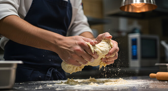 Chefs hands kneading dough with flour on a table