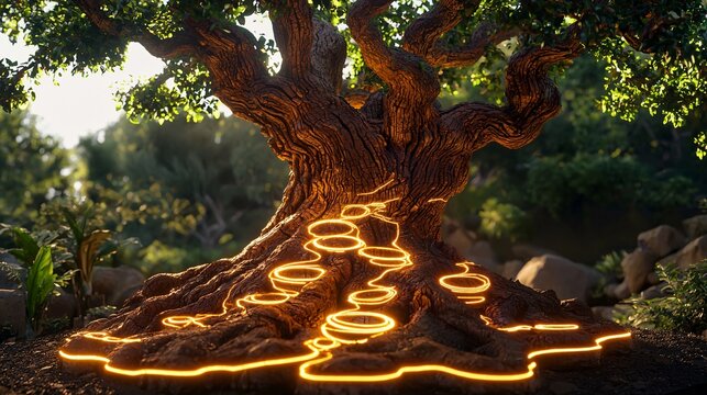 ancient, wisdom-filled tree whose rings represent decades of successful financial decisions. Small, illuminated pathways within the rings show predictive algorithms traversing historical financial 