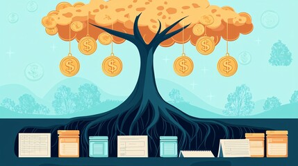 tree with golden coins hanging like fruit from its branches. Deep roots extend into the ground filled with savings jars, ledgers, and budgeting sheets. Represents wealth growing through strong 