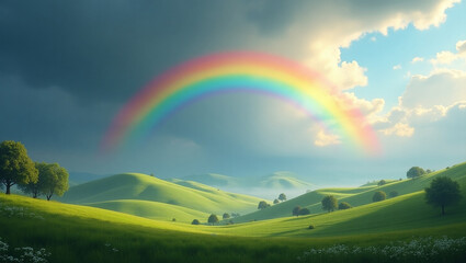 Idyllic landscape with a colorful rainbow arching over sunlit green hills under a dramatic sky