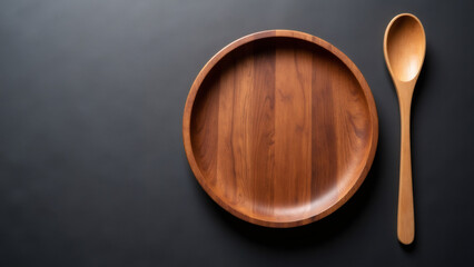 Wooden Plate and Spoon on Dark Surface, Overhead Shot
