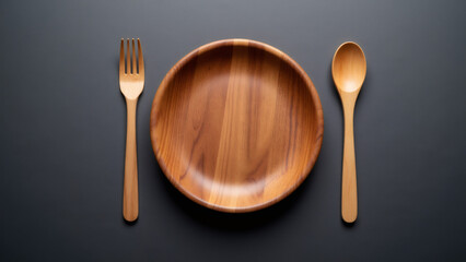 Wooden bowl with wooden spoon and fork on dark gray surface