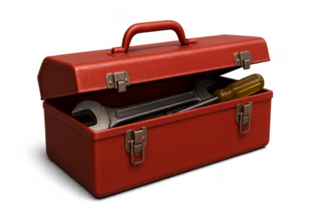 Red toolbox containing wrench and screwdriver on transparent background
