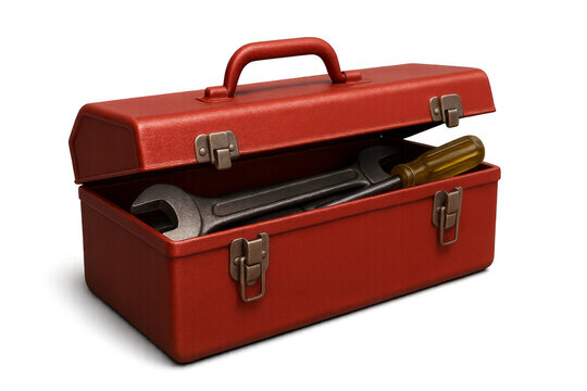 Red toolbox containing wrench and screwdriver on transparent background