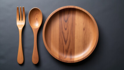 Wooden fork, spoon, and plate on a dark background, top view.
