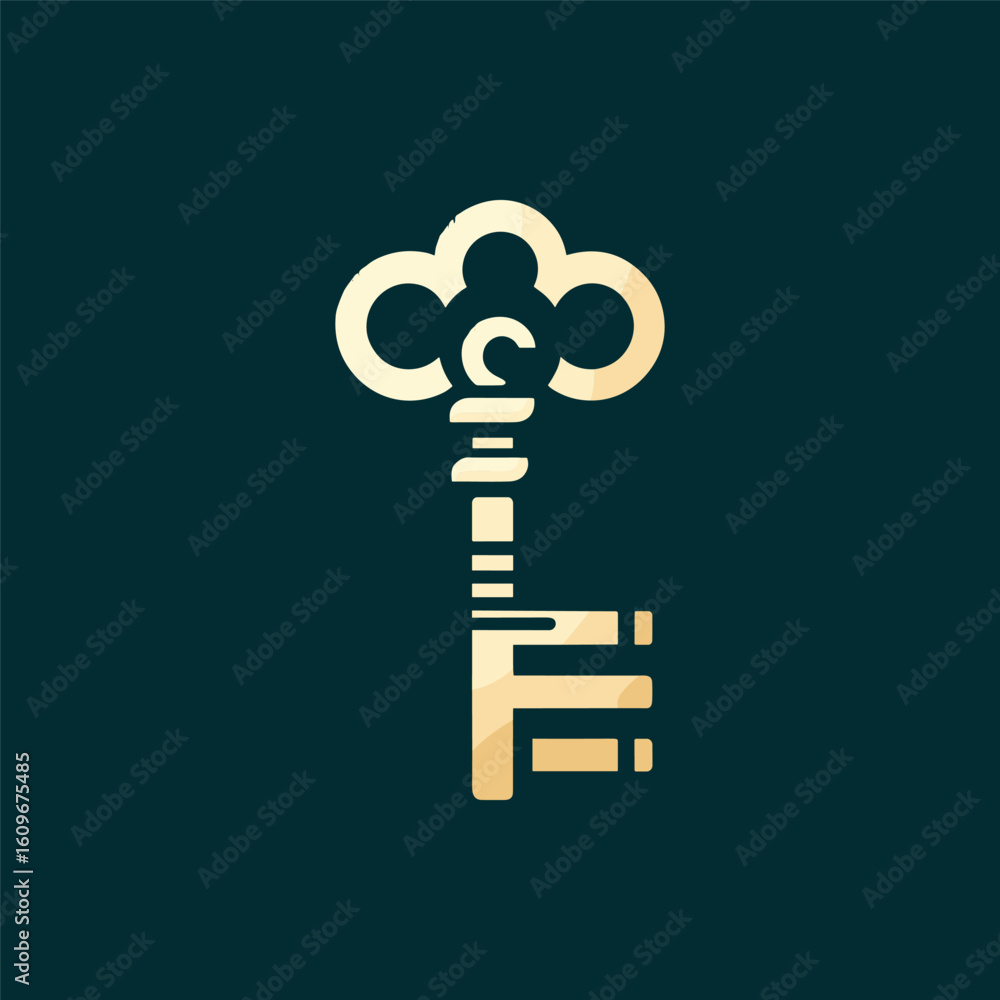 Poster golden key design with cloud motif, symbolizing security and access in a digital world