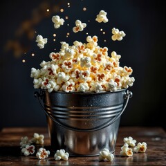 A shiny metal bucket is filled to the brim with freshly popped popcorn, with some kernels exploding in mid-air 
