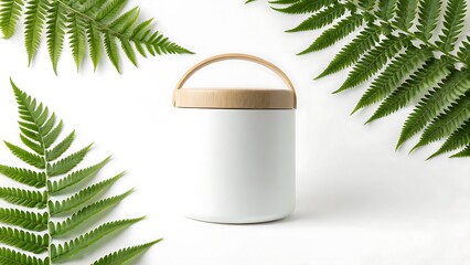 Modern white thermos with wooden lid and handle surrounded by green fern leaves