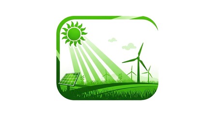 Obraz premium Green energy concept illustration with sun wind turbines and house in field.