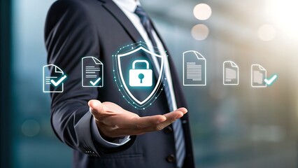 Data Security Concept: Businessman Holding Shield with Padlock Protecting Digital Documents and Files.