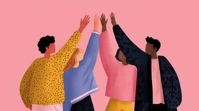 Diverse friends celebrating success raising hands together in vibrant unity