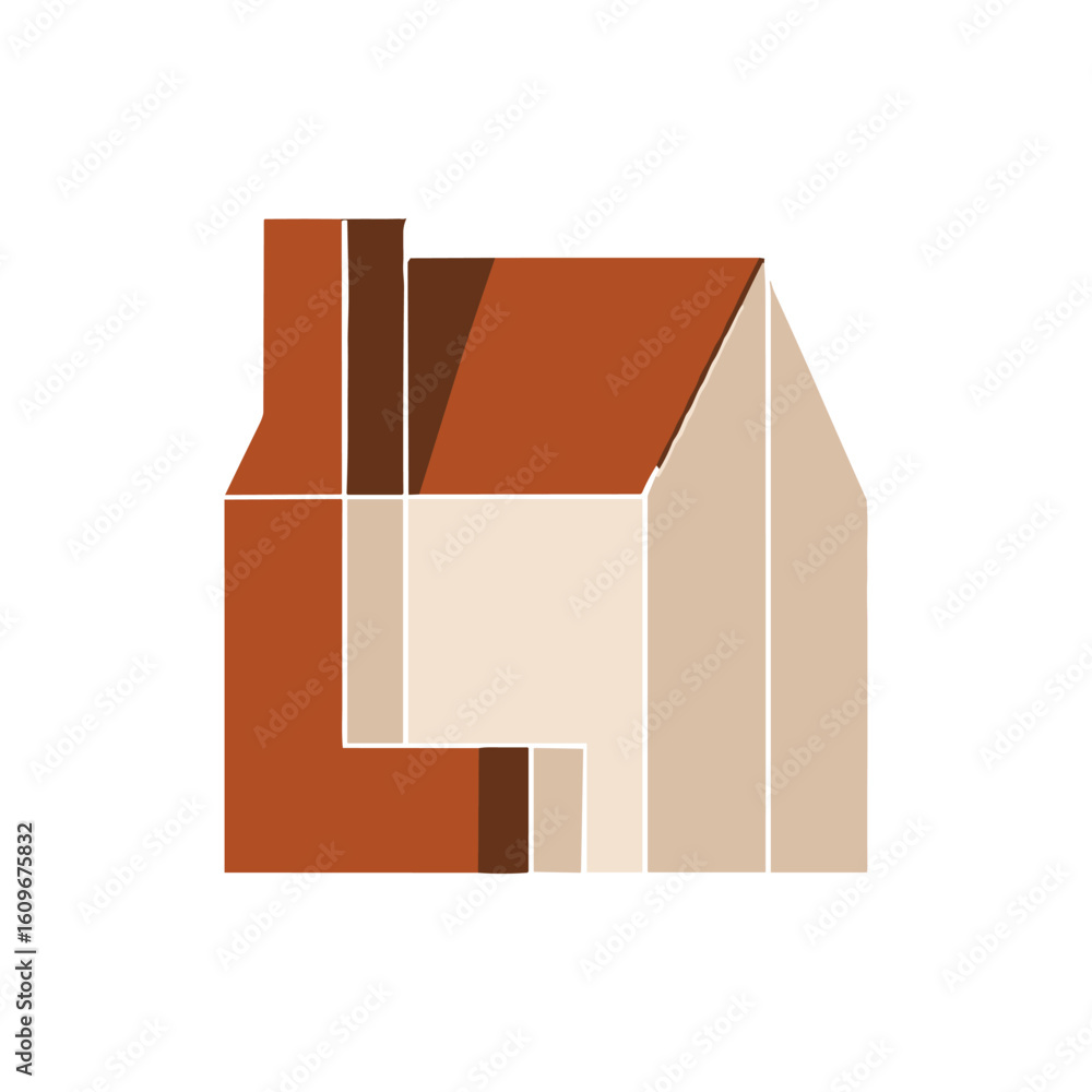 Poster abstract representation of a house with geometric shapes and warm colors against a plain background
