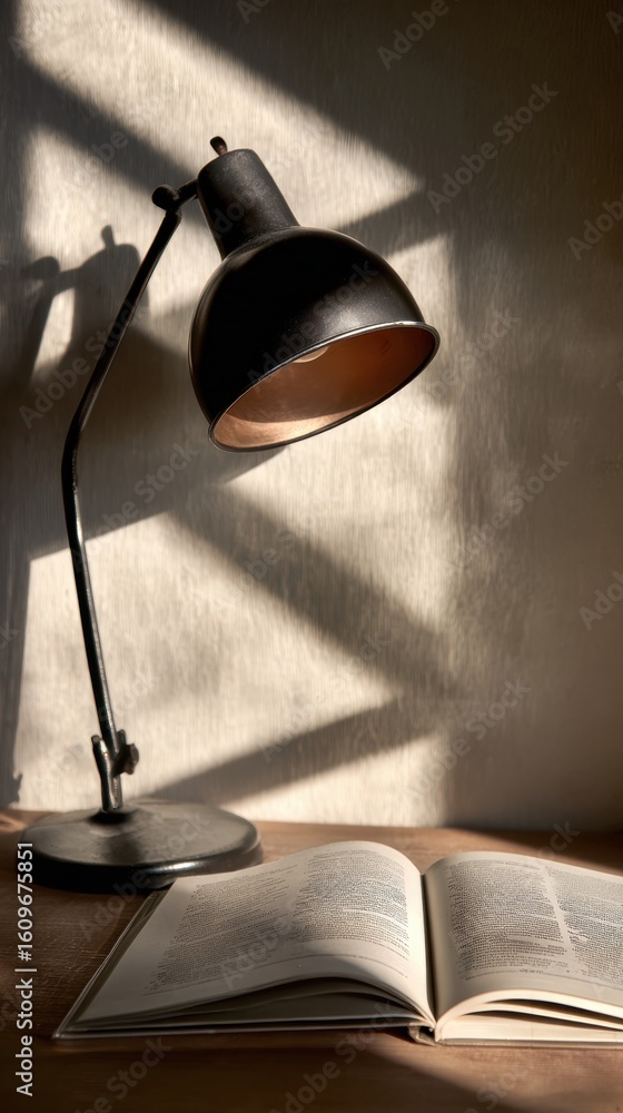 Poster warm light from a desk lamp illuminating an open textbook while casting soft shadows in a quiet stud