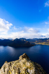 Stunning autumn landscape of Segla Mountain in Senja Island, Northern Norway, with dramatic cliffs and fjords.