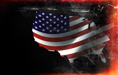 United states of america flag waving over its map on black background