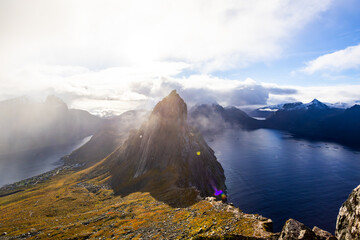 Stunning autumn landscape of Segla Mountain in Senja Island, Northern Norway, with dramatic cliffs...