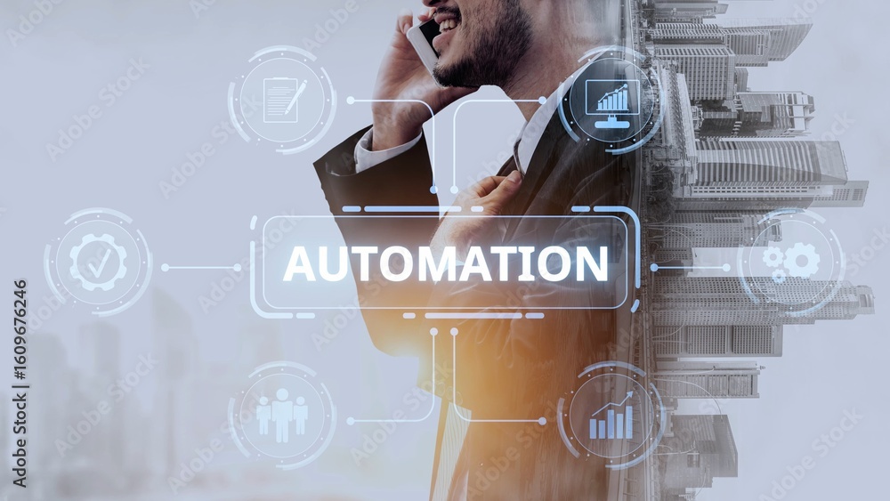 Poster modern automation drives workflow efficiency by connecting systems, people, and data. with intellige