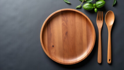 Wooden plate, fork, spoon, and basil leaves on black background, overhead shot.
