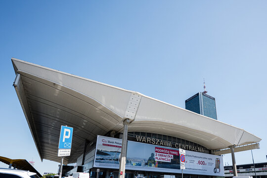 Modern exterior of Warsaw Centralna station in Warsaw, Poland with urban surroundings