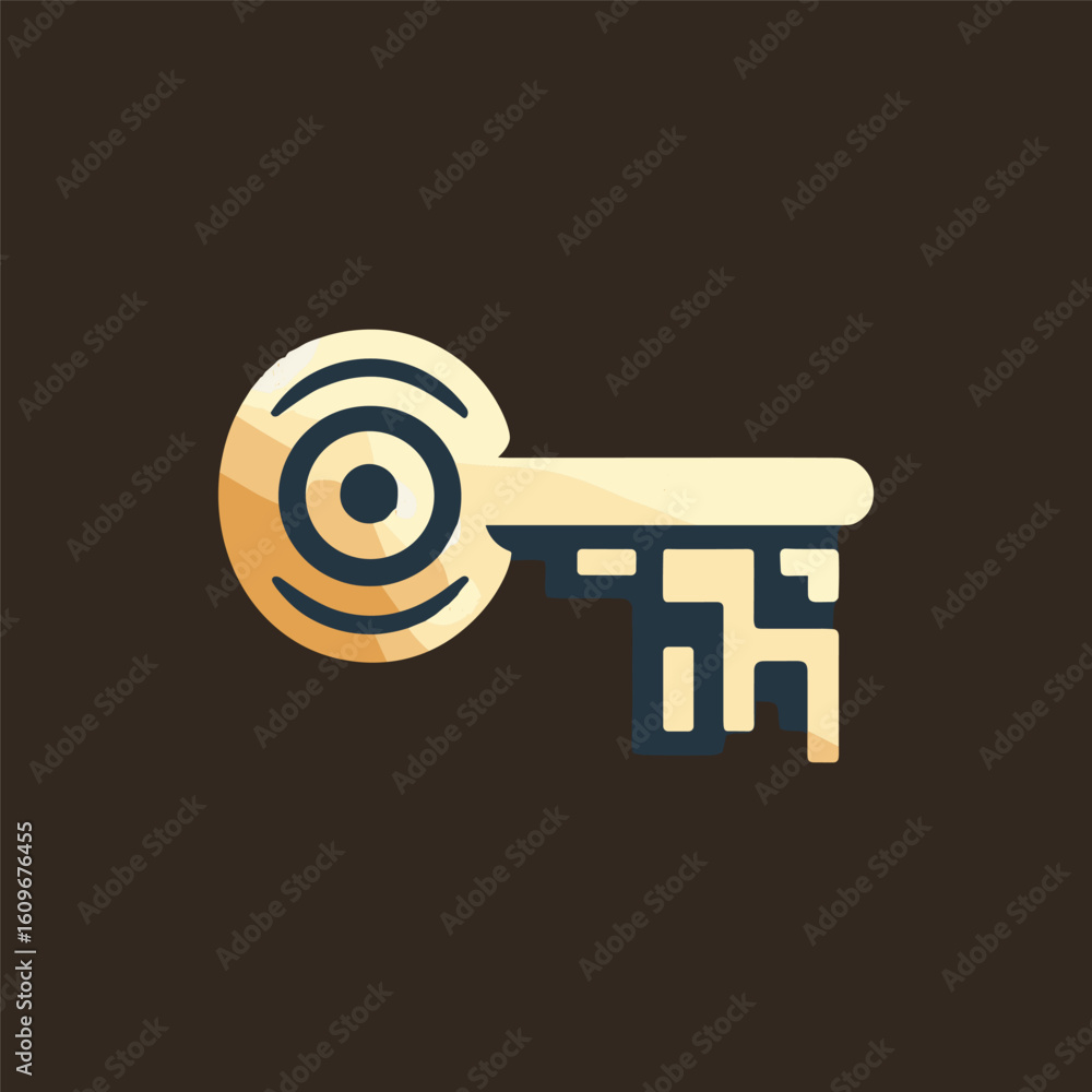 Poster abstract representation of a key with digital elements on a dark background, symbolizing security