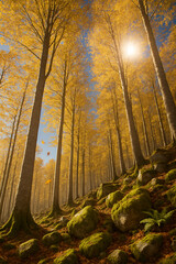 Beech forest illuminated by the morning sun.