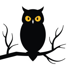 Black owl silhouette with glowing yellow eyes on a bare branch