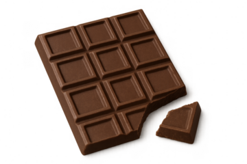 Milk chocolate bar with a bite taken out on transparent background