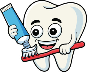 Cartoon tooth character brushing teeth with toothpaste, dental hygiene concept, clean smile illustration, cad drawing, flat vector illustration, oral health design.