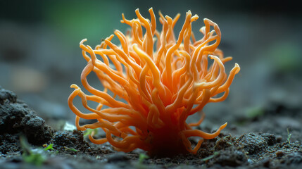 Vibrant Orange Cordyceps Militaris Fungus Growing on Forest Floor in Macro Shot