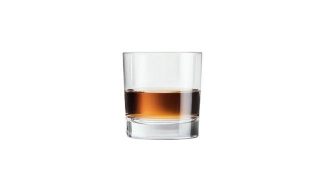 A clear glass filled with whiskey, featuring a rich amber color, isolated on a white background.