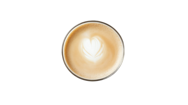 A close-up view of a creamy latte with heart-shaped foam art on a black background.