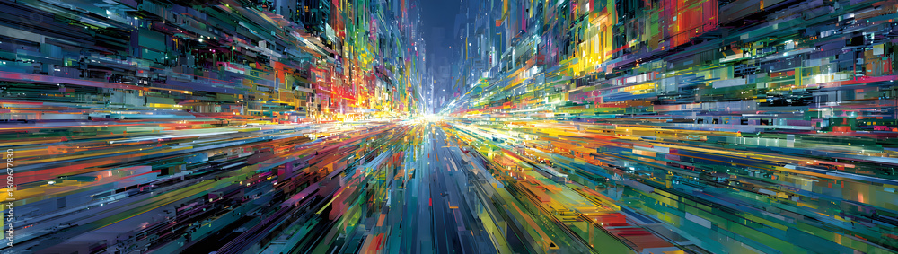 Poster a vibrant, abstract representation of data streams and circuitry, showcasing intricate of light and 