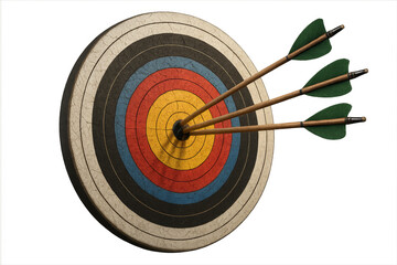 Three arrows hitting the center of vintage target on transparent background