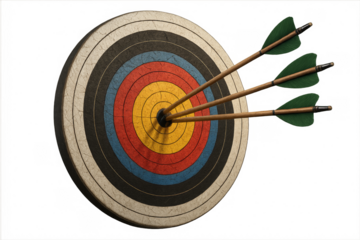 Three arrows hitting the center of vintage target on transparent background