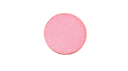 A round slice of pink bologna on a white isolated background.