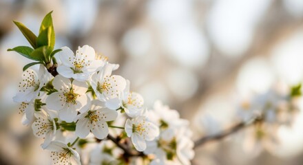 Obraz premium Delicate White Cherry Blossoms Blooming in Spring Sunlight