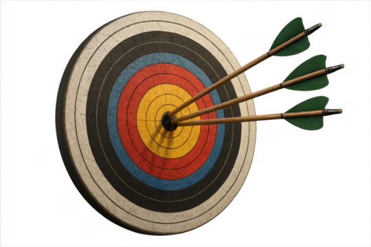 Three arrows hitting the center of vintage target on transparent background