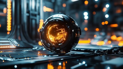 A glowing orb resting on a futuristic surface with blurred lights in the background creating a sci fi scene