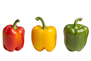Colorful bell peppers, red, yellow, and green, arranged on a white isolated background.