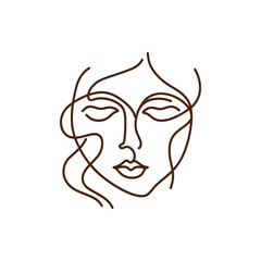 Minimalist line art portrait of a serene woman with closed eyes and flowing hair