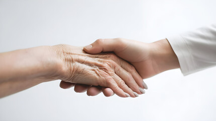 A doctor and a patient shaking hands in a hospital setting.