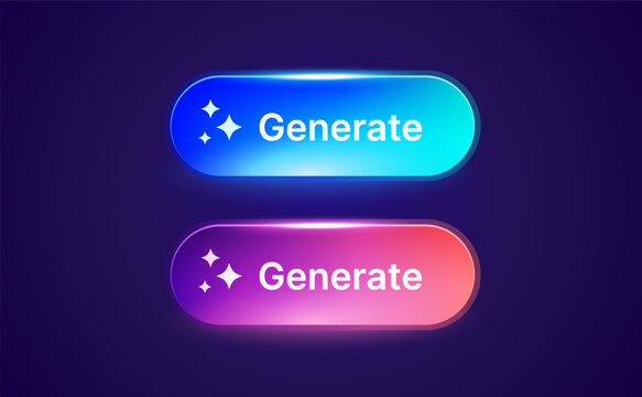 3d glossy rounded AI generate buttons in 3d gradient style, isolated on dark background. Button icons in 3d vector illustration. Vector illustration
